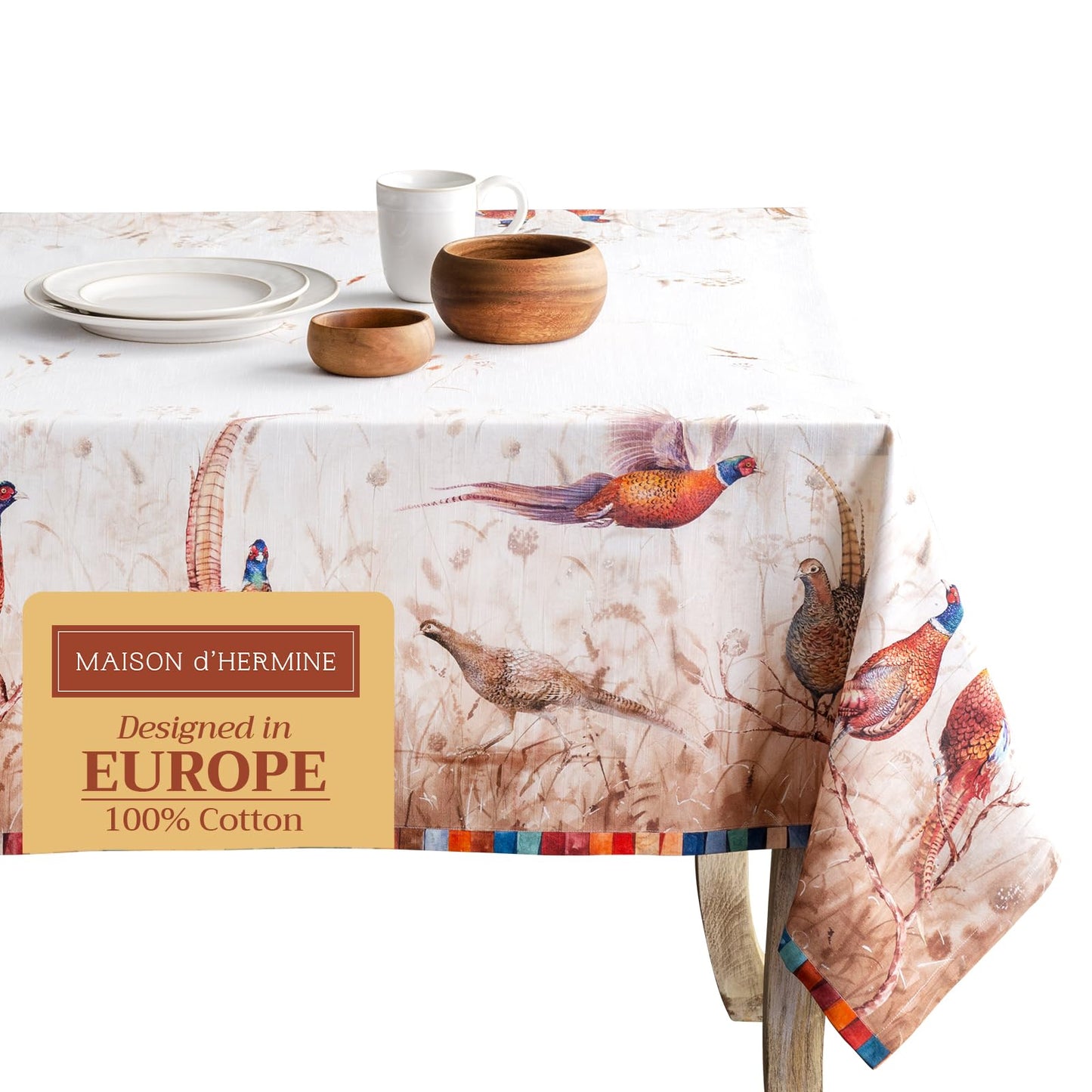 Maison d' Hermine Table Cloth Square Table 100% Cotton 54 x 54 Inches Fall Tablecloth Reusable Everyday Use for Thanksgiving Christmas Decorations Dining Farmhouse Party (Faisan D'Automne)