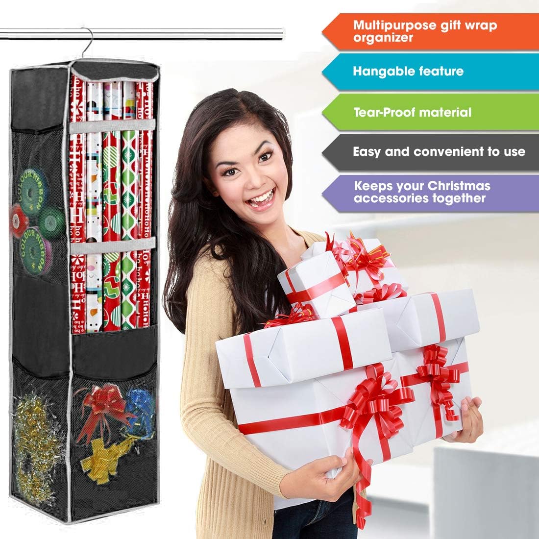 ProPik Holiday Wrapping Paper Storage Bag - 360° Swivel Hanger with Mesh Pockets | Holds 25 Rolls, 40 Inch, Black