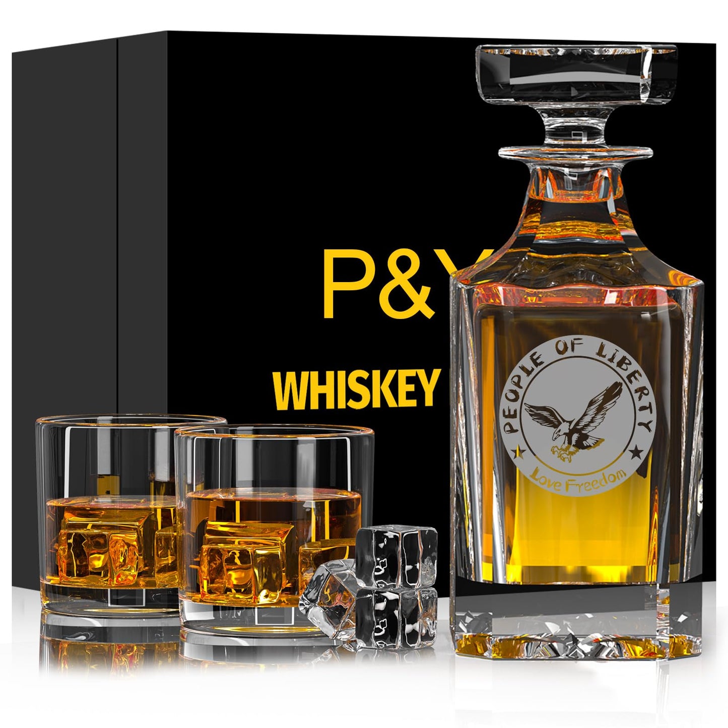 Whiskey Decanter Sets for Men,25 oz Whisky Decanter with 2 Glasses Laser Etched Love Freedom for Liquor Bourbon,Christmas Birthday Anniversary Wedding Whiskey Gifts for Men Dad Fathers' Day