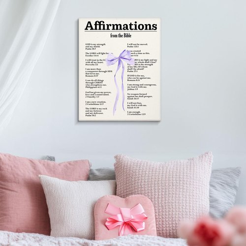 Coquette Bible Verses Wall Art | Framed Christian Canvas Decor with Purple Bow - 14x11 Inch