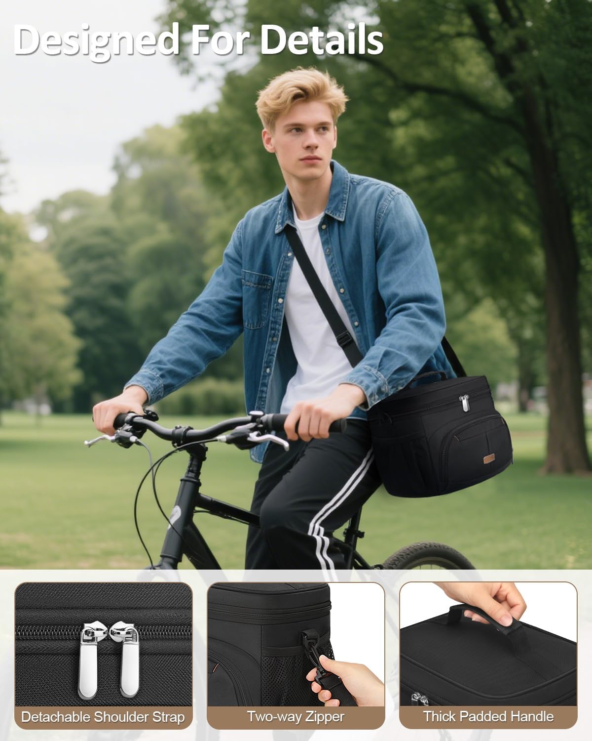 Pritent Insulated Lunch Box - Leakproof Cooler Bag with Removable Strap for Work & Travel | Black, 12L