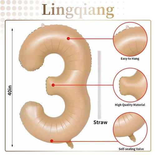Apricot Number 3 Balloon for Girls Boys, 40 Inch Large Nude Number 0-9 Foil Balloons Set, Tan Digital 3 Balloons for Women Men Birthday Graduation Anniversary Party Decorations Celebration Supplies