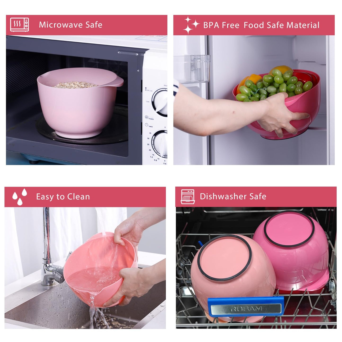 BoxedHome Classic Mixing Bowl Set, BPA Free Plastic, Microwave and Dishwasher Safe (Set of 4, Pink), 4.5 quarts