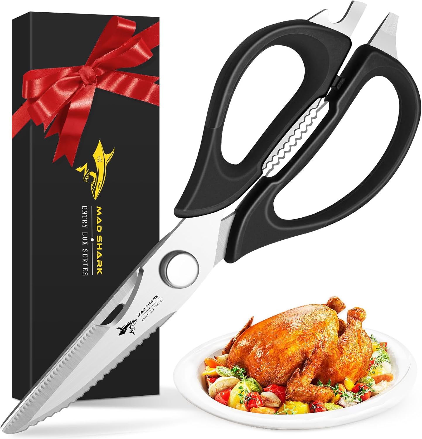 MAD SHARK Kitchen Scissors - Heavy Duty Stainless Steel Utility Shears with Comfort Grip | Black