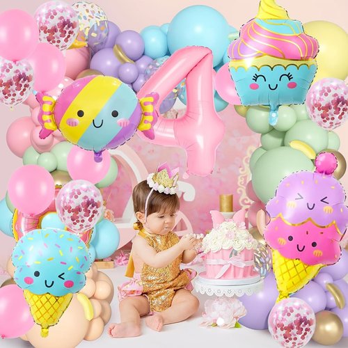 Ice Cream Balloons Number 4 Balloons 40 Inch, Ice Cream Birthday Party Decorations, 4 Balloon Number for Candy Birthday Party Decorations