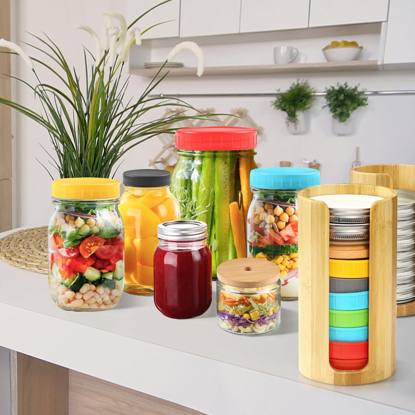 QOOMABA Mason Jar Lid Organizer (2pcs), Mason Jar Lid Storage Made of Bamboo, Suitable for Mason/Canning/Bamboo Lids(WIDE/REGULAR), Fit Perfectly, Stackable Steady