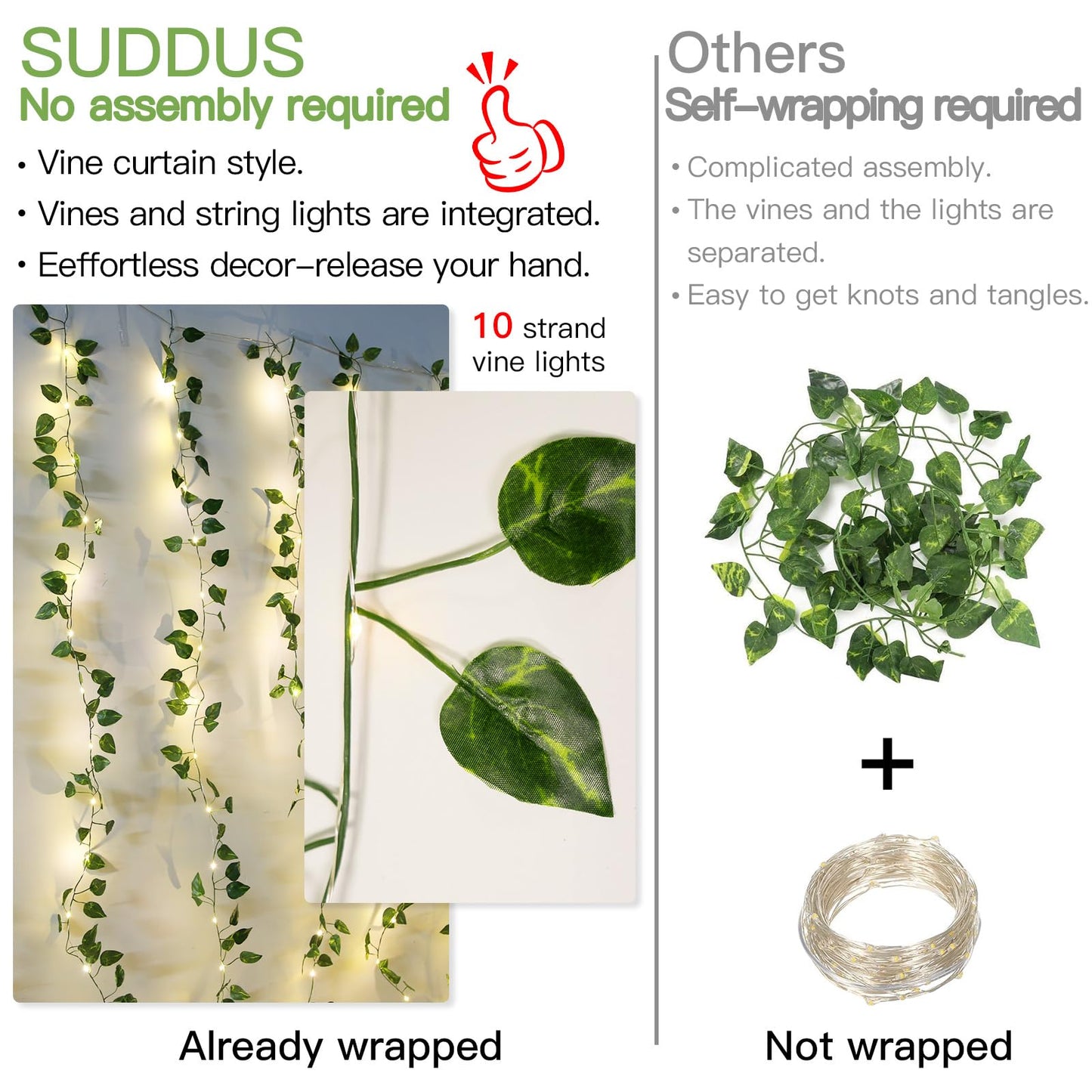suddus Vines with Lights, 200 LED Fairy Lights with Vines, Pothos Curtain String Lights with Remote for Bedroom, Dorm, Wedding, Party, Wall, Indoor, Outdoor Decor, 6.5ft x 6.5ft