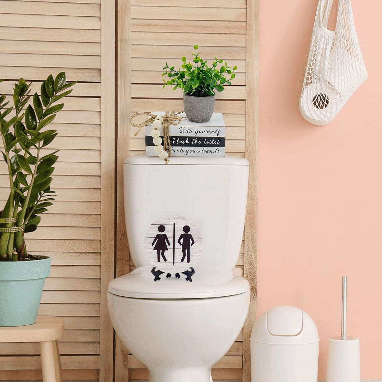 Skiennix Bathroom Shelf Decor - Funny Wooden Signs with 3D Round Design & Fake Plants | Restroom Shelf Accent