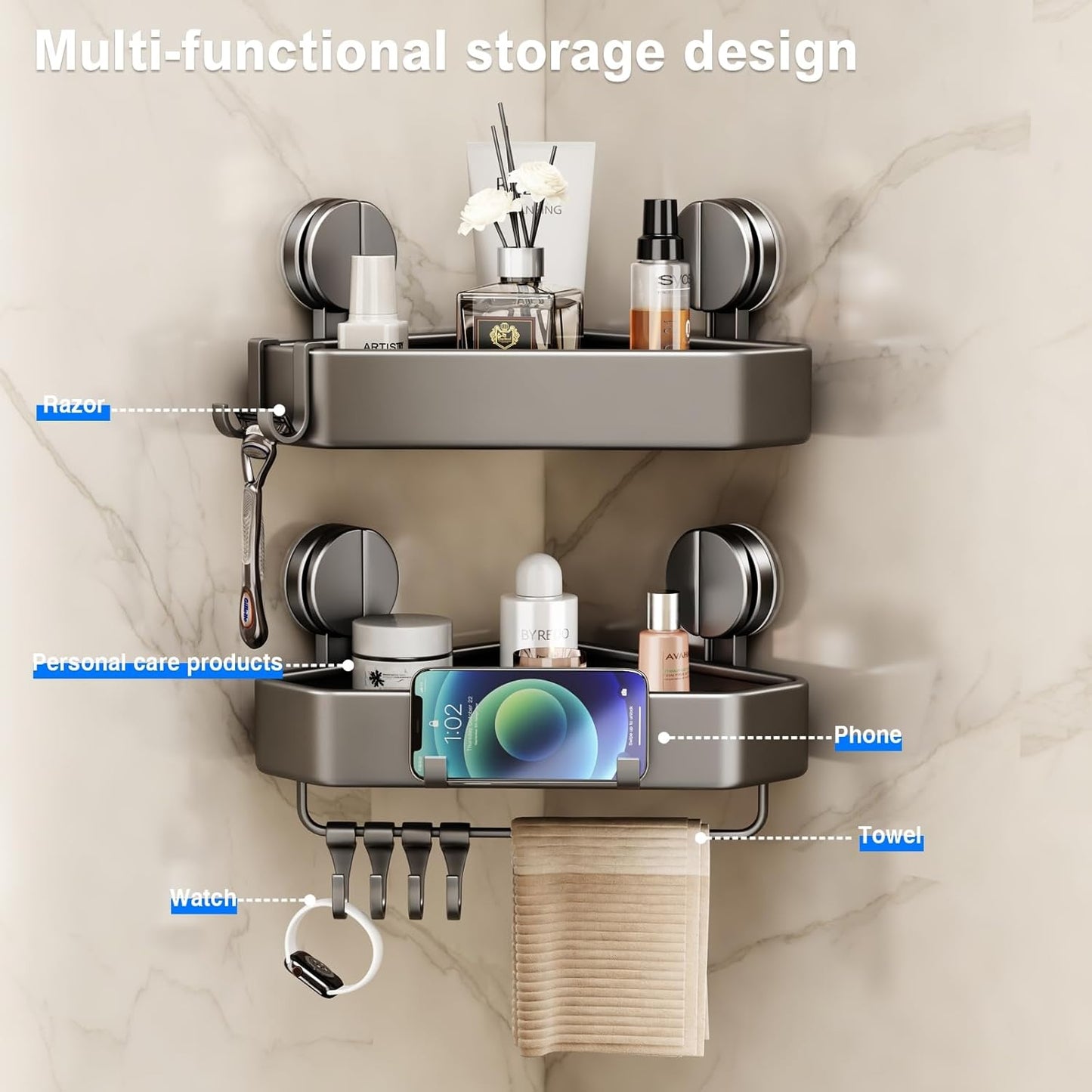 Mustorn Suction Cup Shower Caddy - Rustproof Corner Organizer with Towel Holder & Hooks | 2 Pack (Gray)