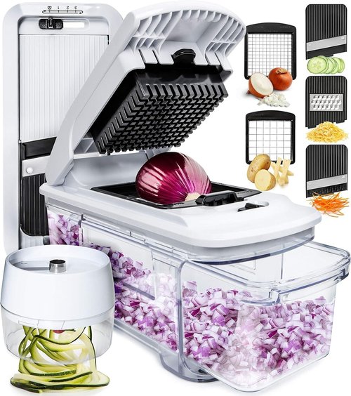 Fullstar XL Vegetable Chopper & Mandoline Slicer - 6-in-1 Food Slicer, Dicer & Spiralizer with Pull-Out Tray | Black/White