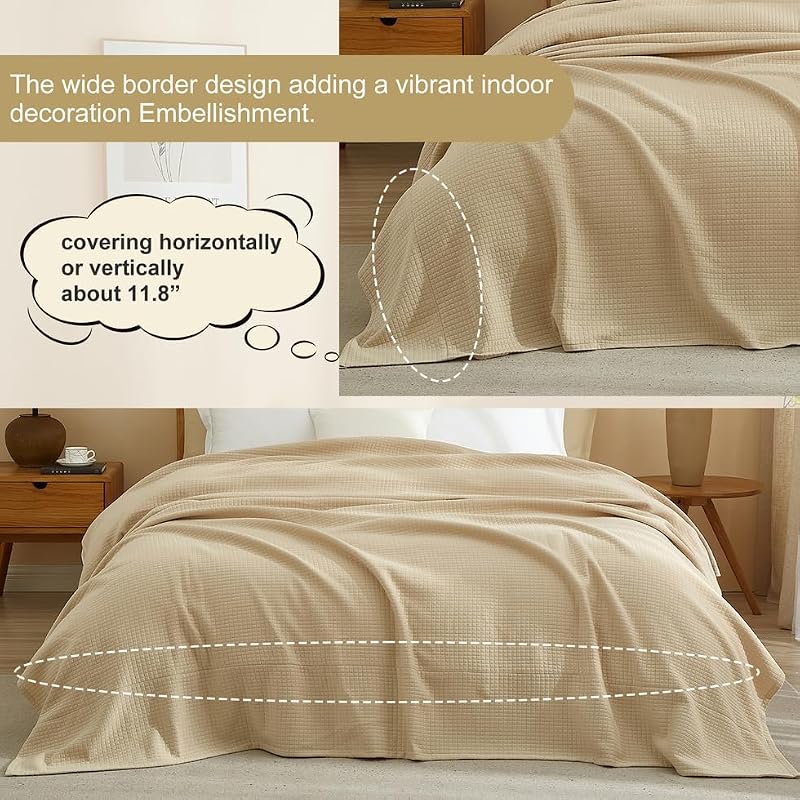 AMWAN Cozy Khaki Queen Blanket 90x90 in Cotton Blend Jersey Knit Quilted Grid