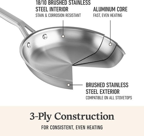 Calphalon Brushed 3-Ply Stainless Steel Cookware Set - Turbo Heat Technology, 4.5Qt Sauce Pan with Lid, Induction & Oven Safe to 450°F