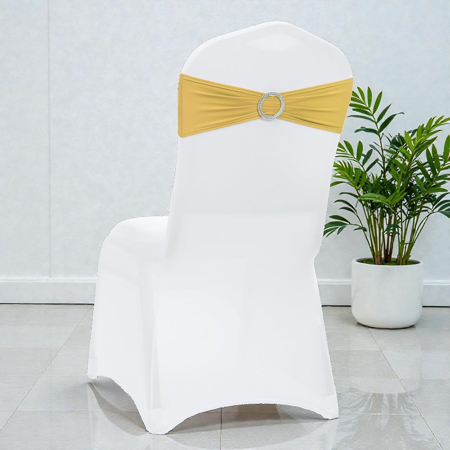 MDS Premium Stretch Chair Sashes - Pack of 25 Elastic Covers with Buckle Slider | Gold for Weddings & Events