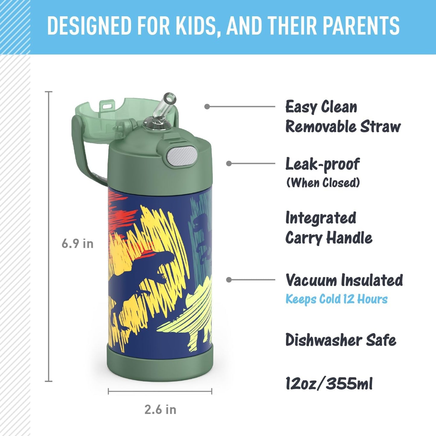 THERMOS FUNTAINER Water Bottle - 12 Ounce Stainless Steel, Vacuum Insulated with Straw - Dinosaurs Design