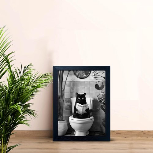 Funny Black Cat Bathroom Wall Art - Humorous Framed Canvas Print | Black and White Decor