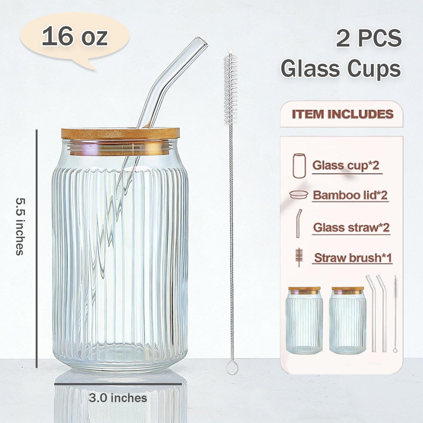 2 PCS Glass cups with Lids and Straws, 16 OZ Iced Coffee Cups, Ribbed Glass Tumbler with Straw and Bamboo Lid, Thick Drinking Beer Glasses for Coffee, Juice, Match Cup with Cleaning Brush (Clear)