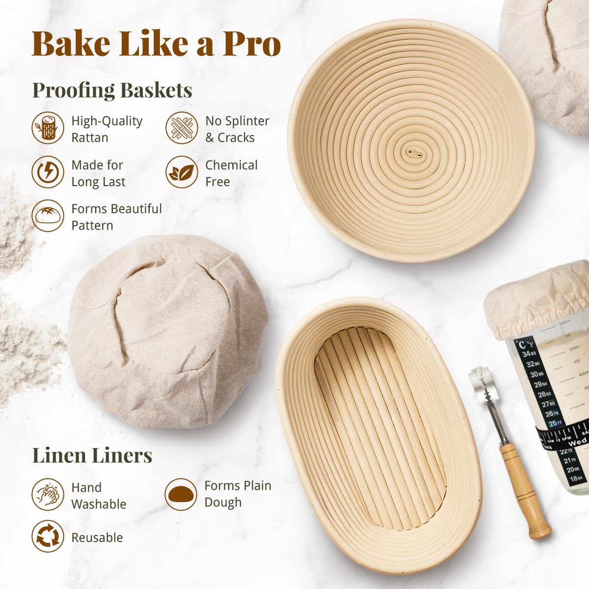 Skiennix Sourdough Starter Kit - Complete Baking Set with Proofing Baskets, Dough Scraper & Recipe