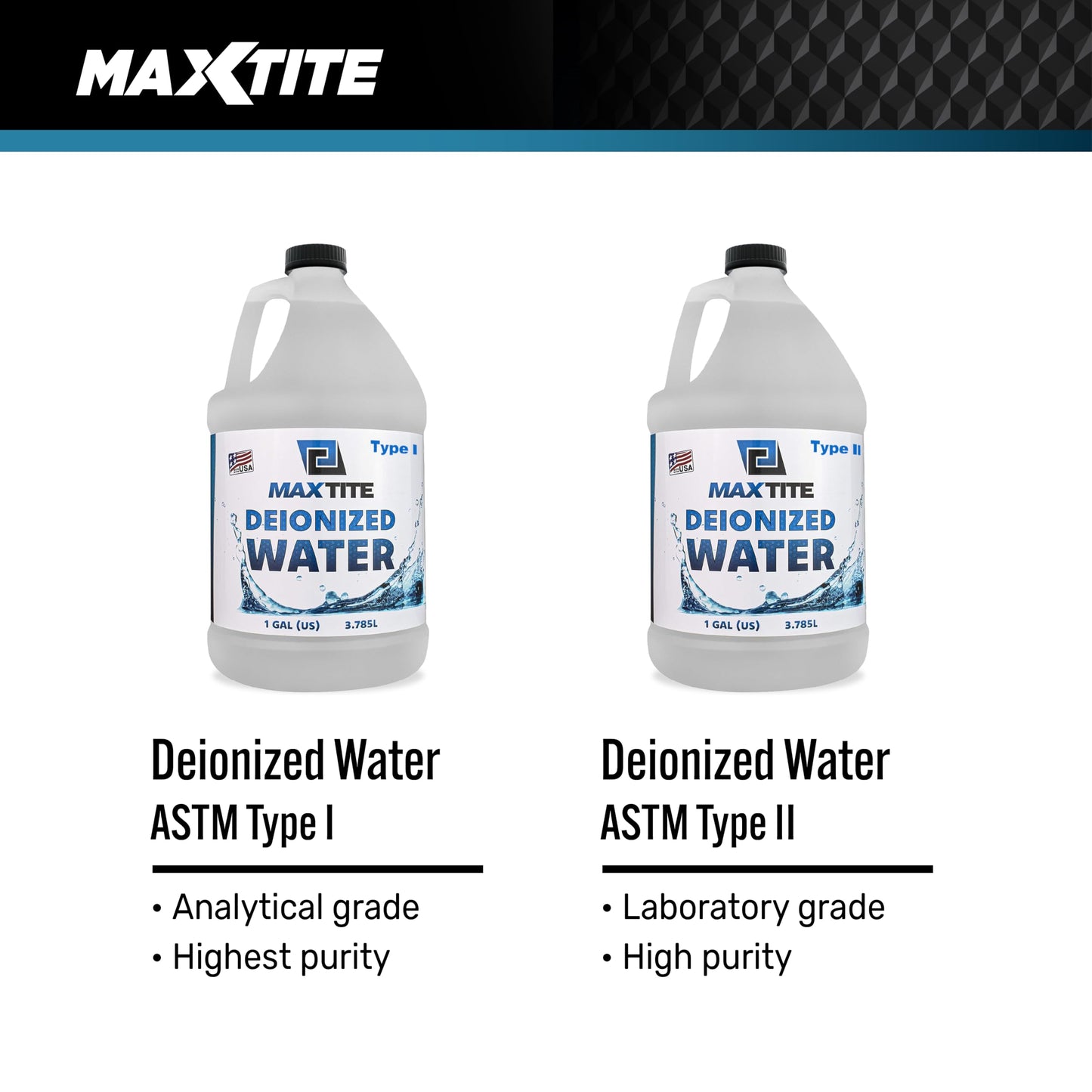 MAXTITE Type I Deionized Water Ultrapure Analytical Grade (1 Gallon) - ASTM/ACS Certified