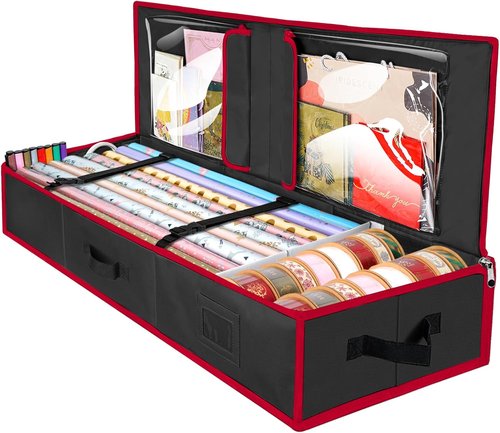 BALEINE Wrapping Paper Storage Organizer - Durable 600D Oxford Fabric Gift Wrap Bag | Black/Red with Flexible Partitions