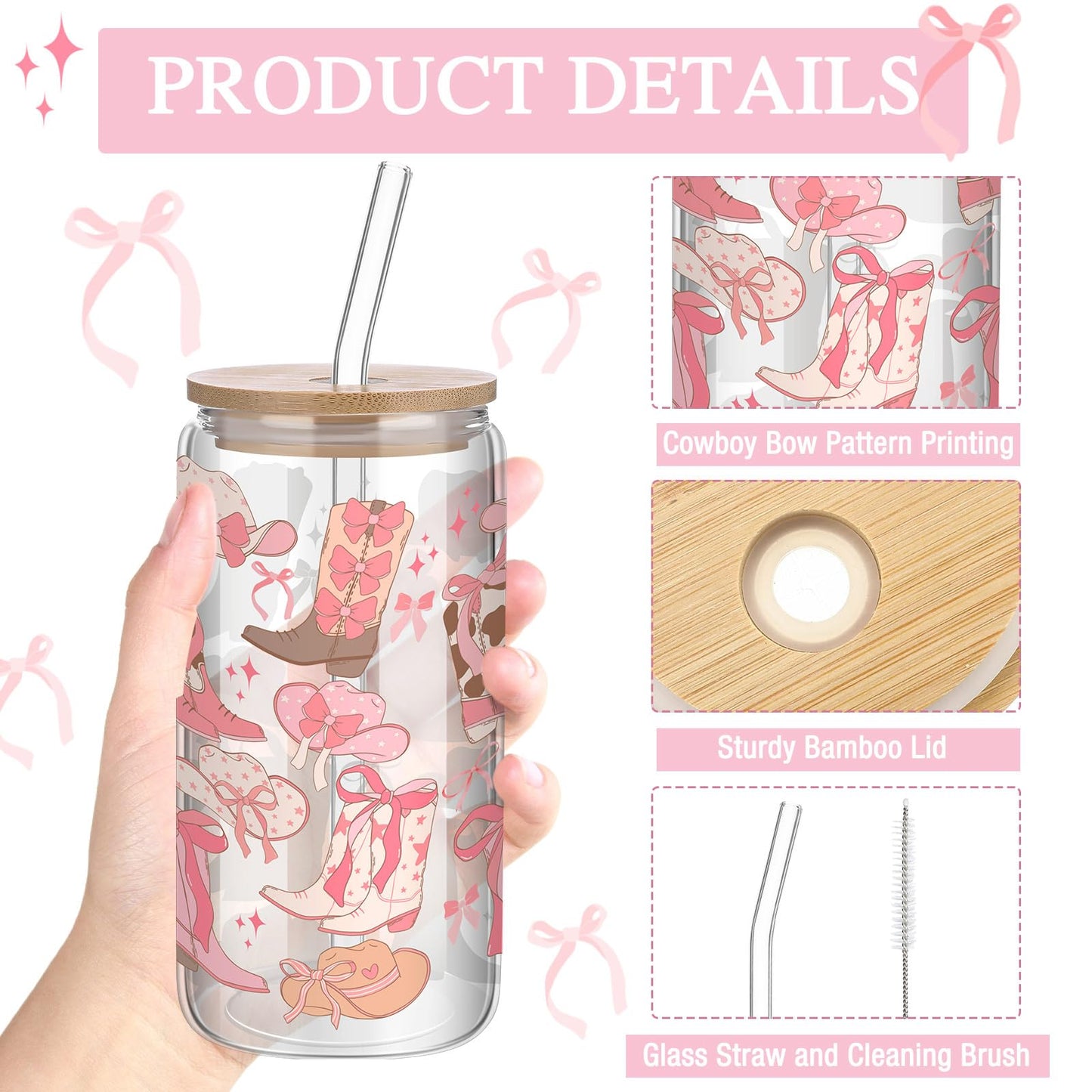 Yetene Coquette Bow Aesthetic Cup 16oz Cowgirl Glass Cup with Lid and Straw Pink Bow Tumbler Cowgirl Gifts for Women Girls Friend Sister Girlfriend
