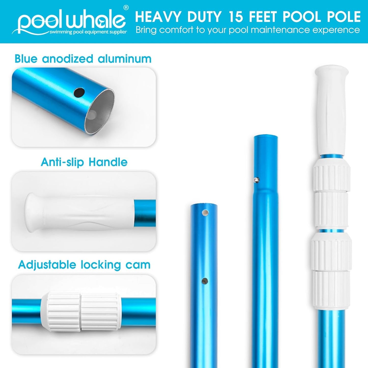 POOLWHALE Premium 15-Foot Telescopic Swimming Pool Pole - Adjustable 3-Piece Blue Aluminum for Skimmer Nets & Vacuums