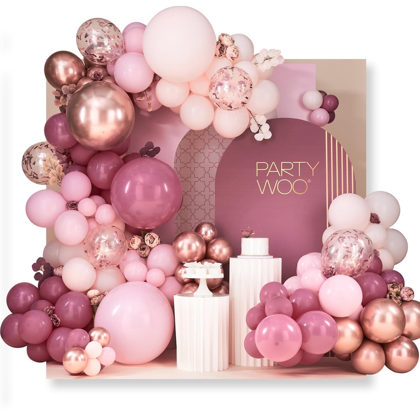 PartyWoo Dusty Rose Balloon Arch Kit, 140 pcs Pink Balloon Garland Kit, Rose Gold Balloons, Metallic Balloons for Dusty Pink Birthday Decorations Women, Bridal Shower, Wedding, Bachelorette Party
