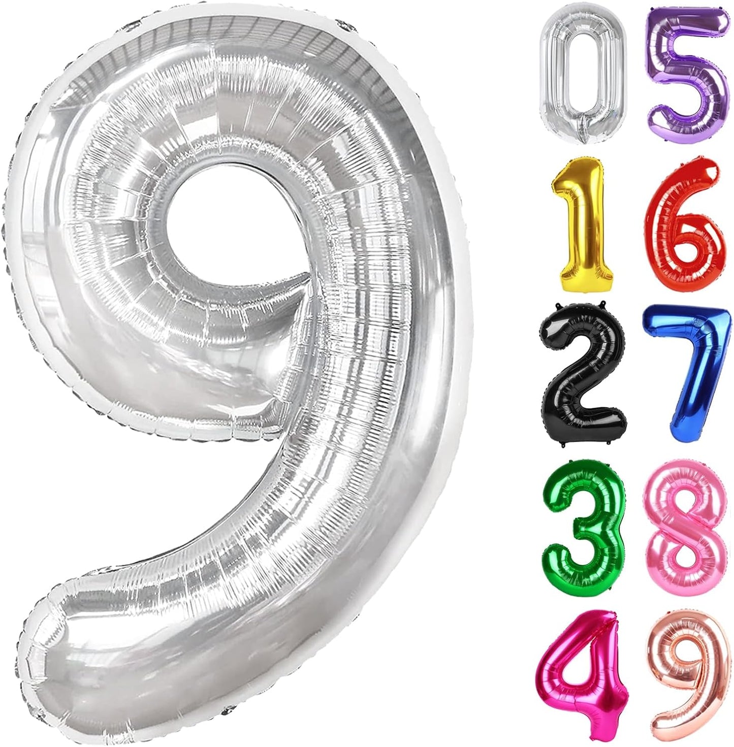 Silver Number 9 Balloon - 40 Inch Giant Foil Balloon for 9th Birthday Party Decorations