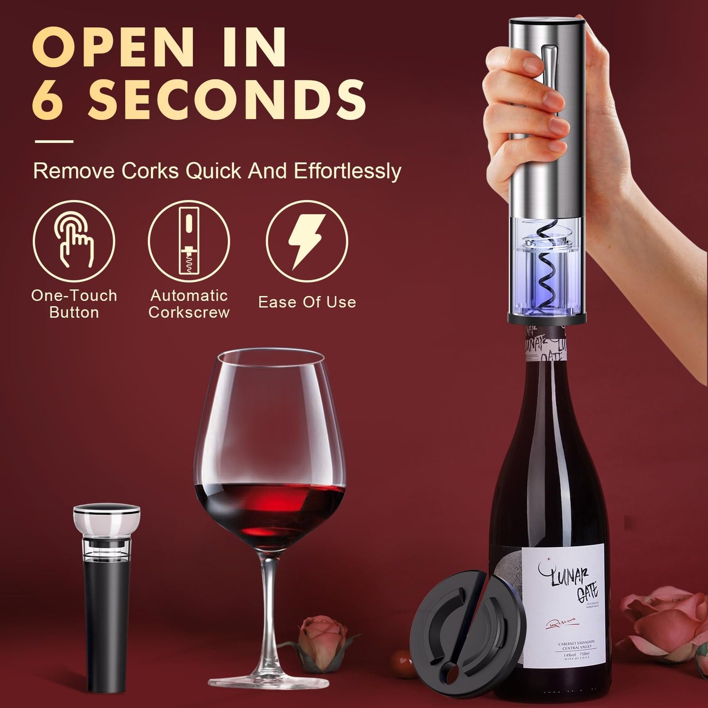 Rechargeable Electric Wine Opener 5-In-1 Set, Stainless Steel Automatic Wine Opener with Electric Wine Aerator, Foil Cutter, Wine Stopper & Base, Elegant Gift Box for Birthday, Housewarming, Christmas