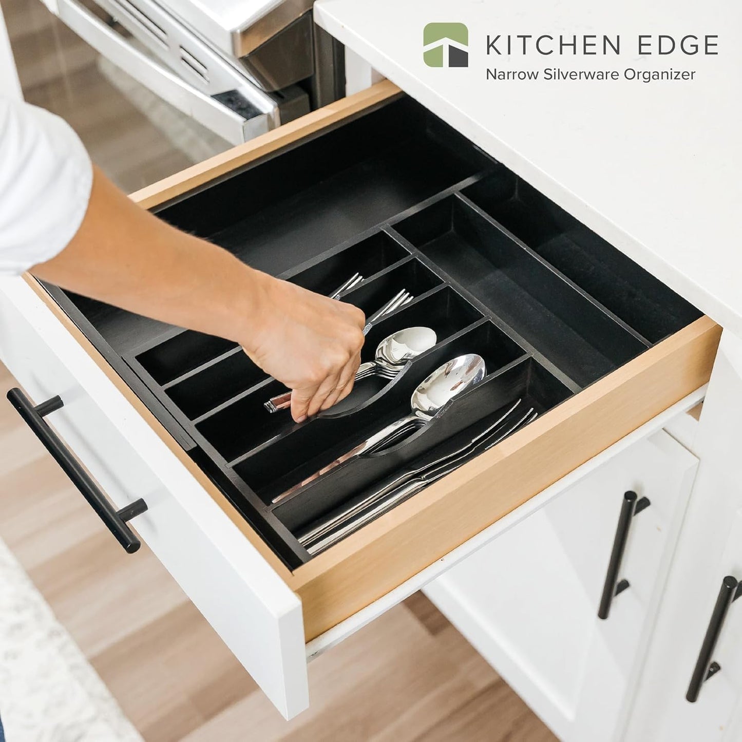KitchenEdge Premium Flatware Organizer - Expandable Food-Safe Utensil Holder, Black Bamboo, 10.5 to 19 In