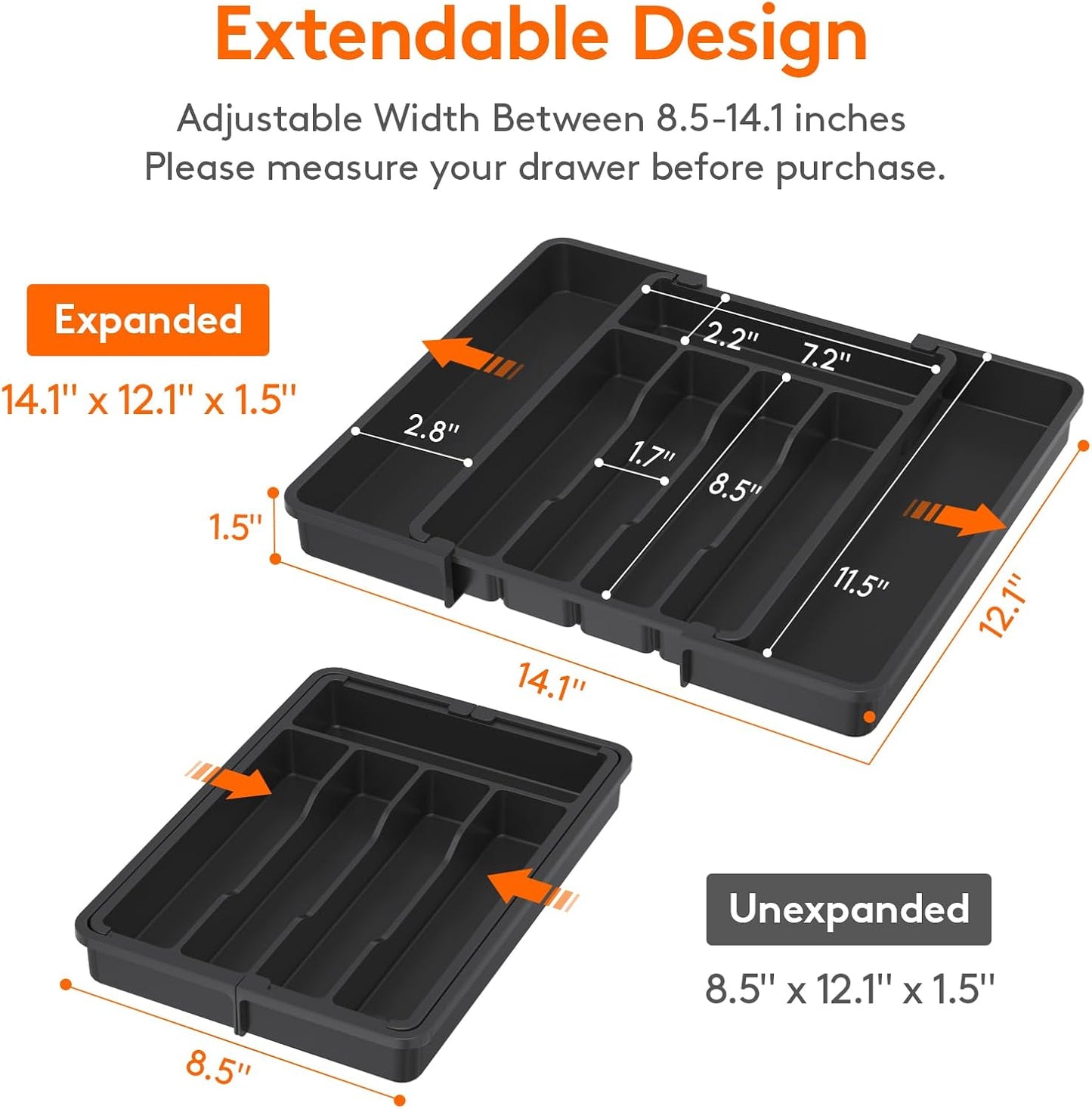 Lifewit Expandable Silverware Organizer - BPA-Free Plastic Utensil Tray for Kitchen Drawers | Black, 8.5-14 x 12 x 1.5 Inch