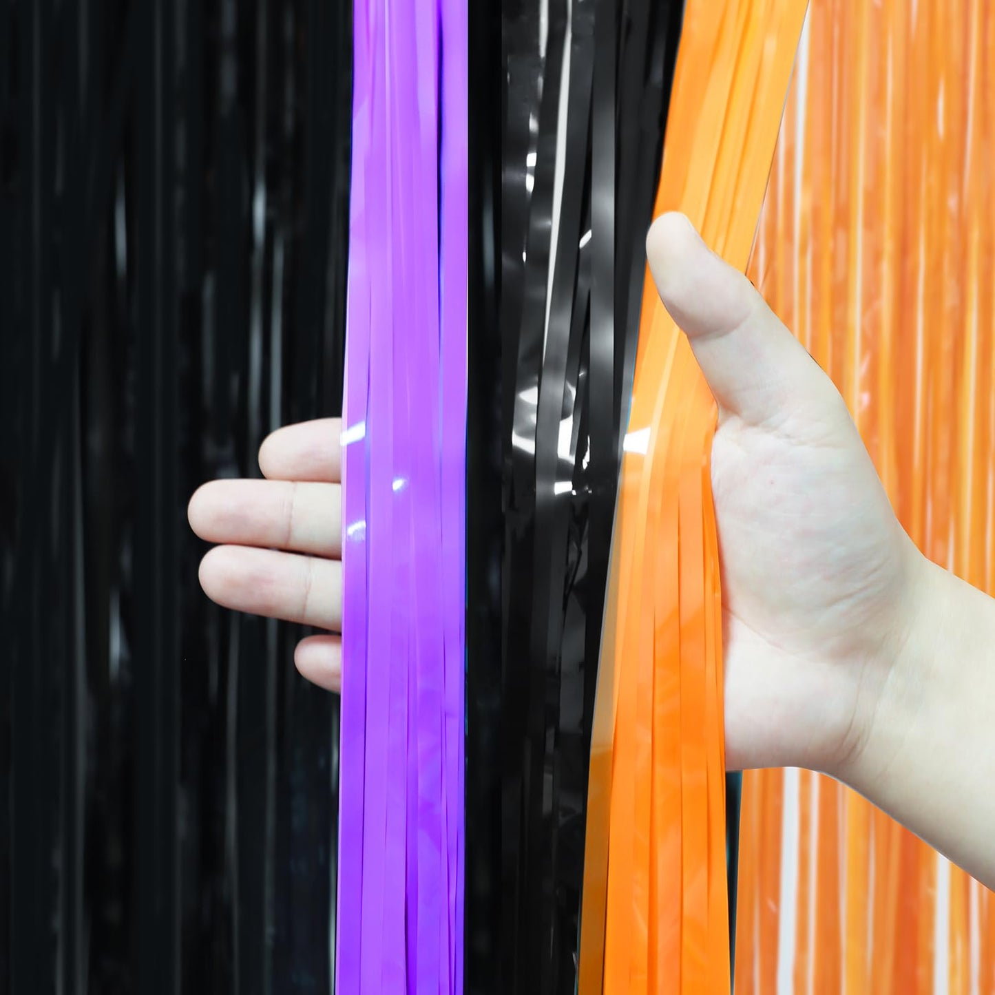 Voircoloria 3 Pack 3.3 x 8.2 ft Halloween Foil Fringe Backdrop Curtains, Tinsel Streamers Party Decorations, Fringe Backdrop