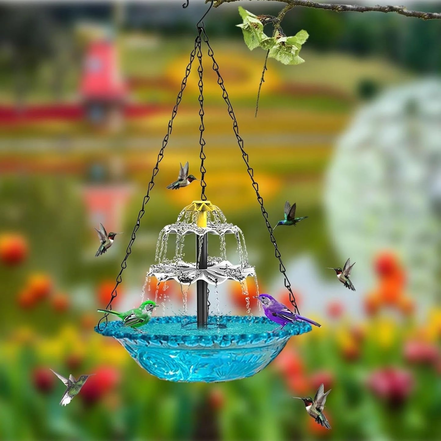 Skiennix Solar Hanging Bird Bath - Elegant Fountain Cascade for Outdoor Gardens | Blue