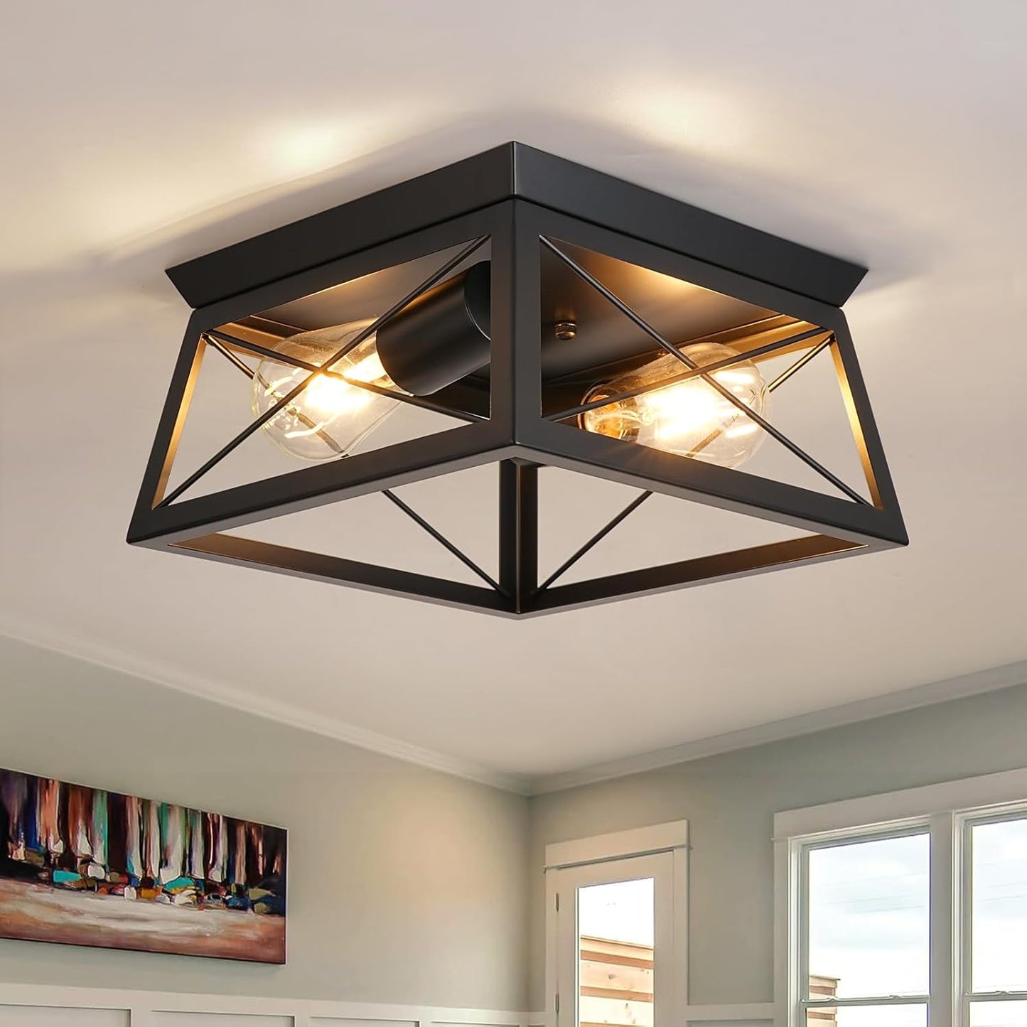 Farmhouse Flush Mount Ceiling Light Oak White Ceiling Light Fixtures 2-Light Industrial Vintage Metal-Framed Ceiling Lighting for Hallway Foyer Kitchen Dining Room Bedroom Living Room Laundry
