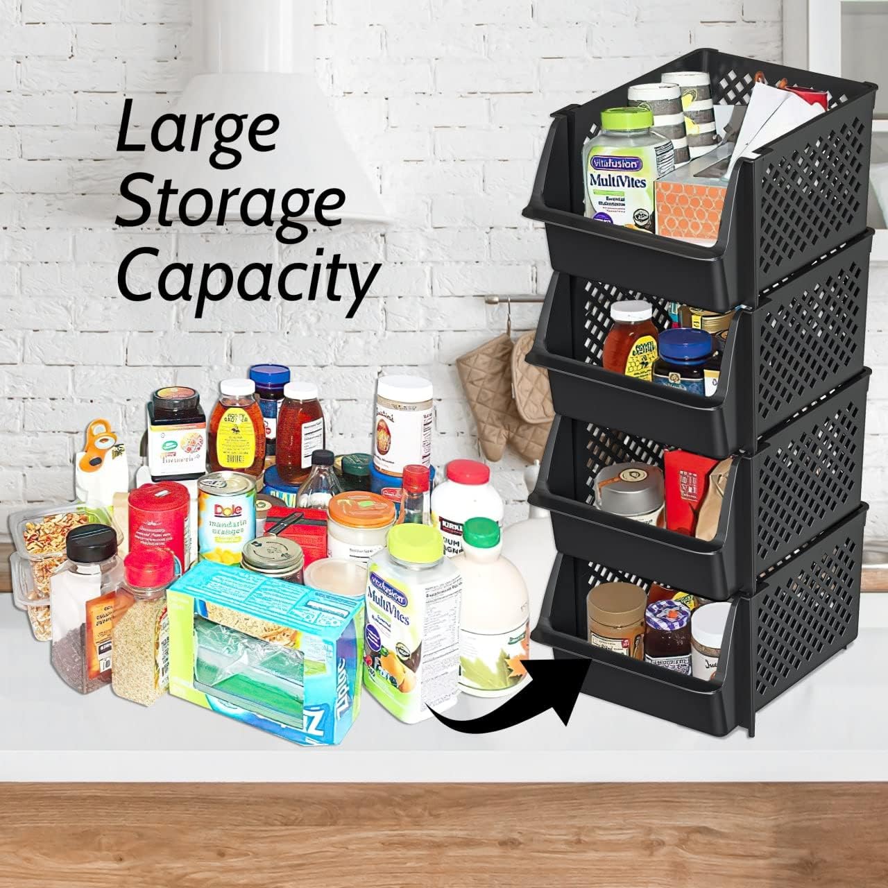TidyFriend Stackable Storage Bins - Open Front Pantry Organizers for Kitchen & Home | 4-Pack (Black)