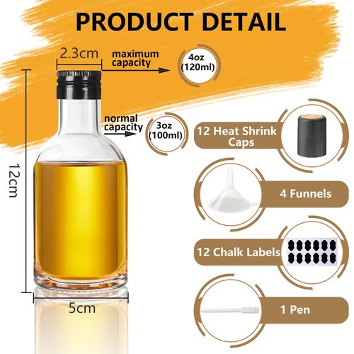 BPFY 12 Pack 3 oz Glass Small Liquor Bottles with Black Screw Caps and Heat Shrink Capsules, Empty Mini Alcohol Bottle, Whiskey Sample Bottles for Wine, Alcohol, Tequila, Bourbon