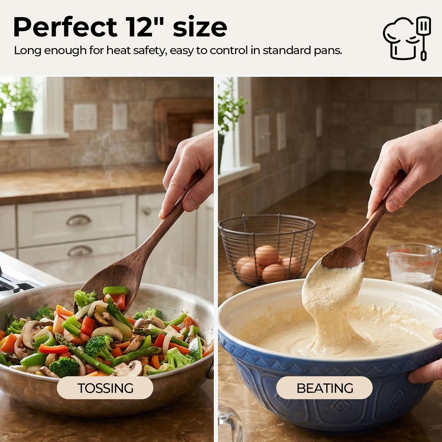 HAKSEN 2PCS Wooden Cooking Spoons, Natural Acacia Wood Kitchen Utensil, 12Inch Large Wooden Mixing Spoons for Nonstick Cookwares, Comfort Grip, Durable, Kitchen Gifts for Women, Cooking Gifts for Men