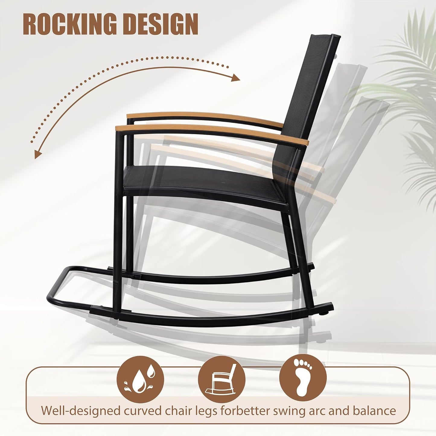 Shintenchi 3-Piece Outdoor Rocking Bistro Set - Textilene Fabric Patio Furniture for Lawn & Garden (Black)