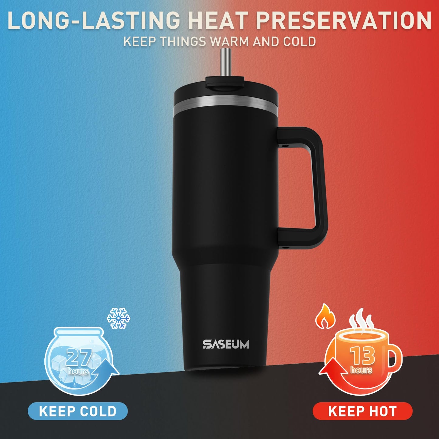 SASEUM 40 oz Tumbler with Handle and Straw, 2-in-1 Sip & Straw Lid, Vacuum Insulated Stainless Steel Travel Mug, Cup Holder Friendly, Black