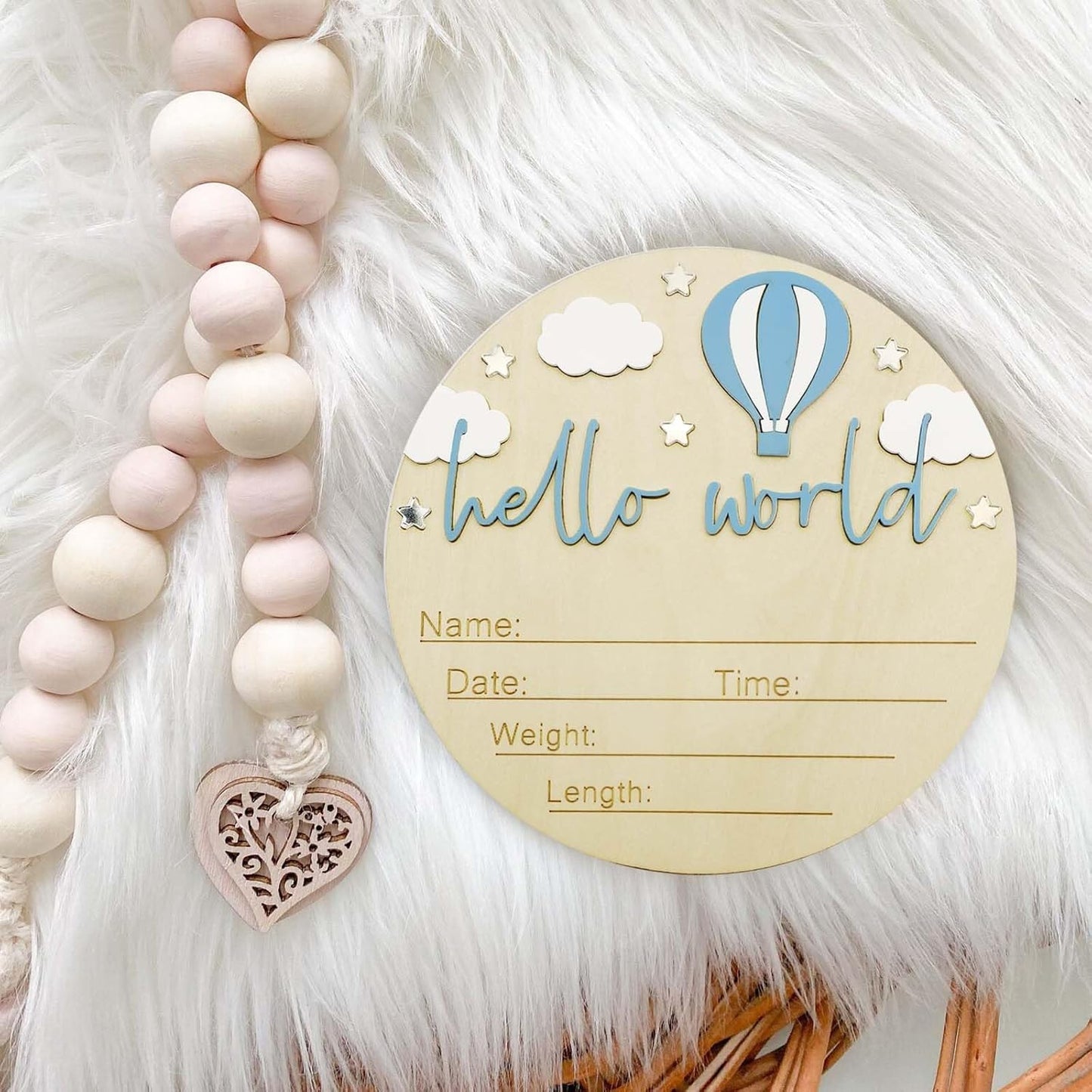 Skiennix Baby Announcement Sign - 5.9 Inch Wooden Hello World Newborn Sign with Hot Air Balloon & Cloud (Blue)