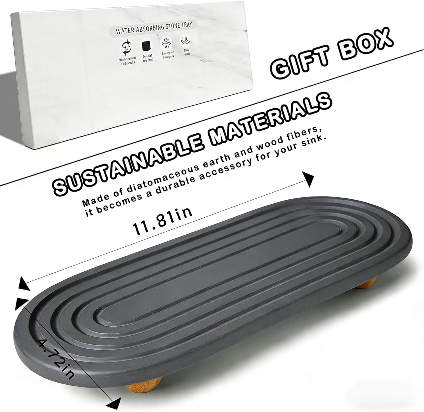 Skiennix Instant Dry Sink Tray - Anti-Slip Stone Caddy for Kitchen & Bathroom | Durable Dark Gray Design