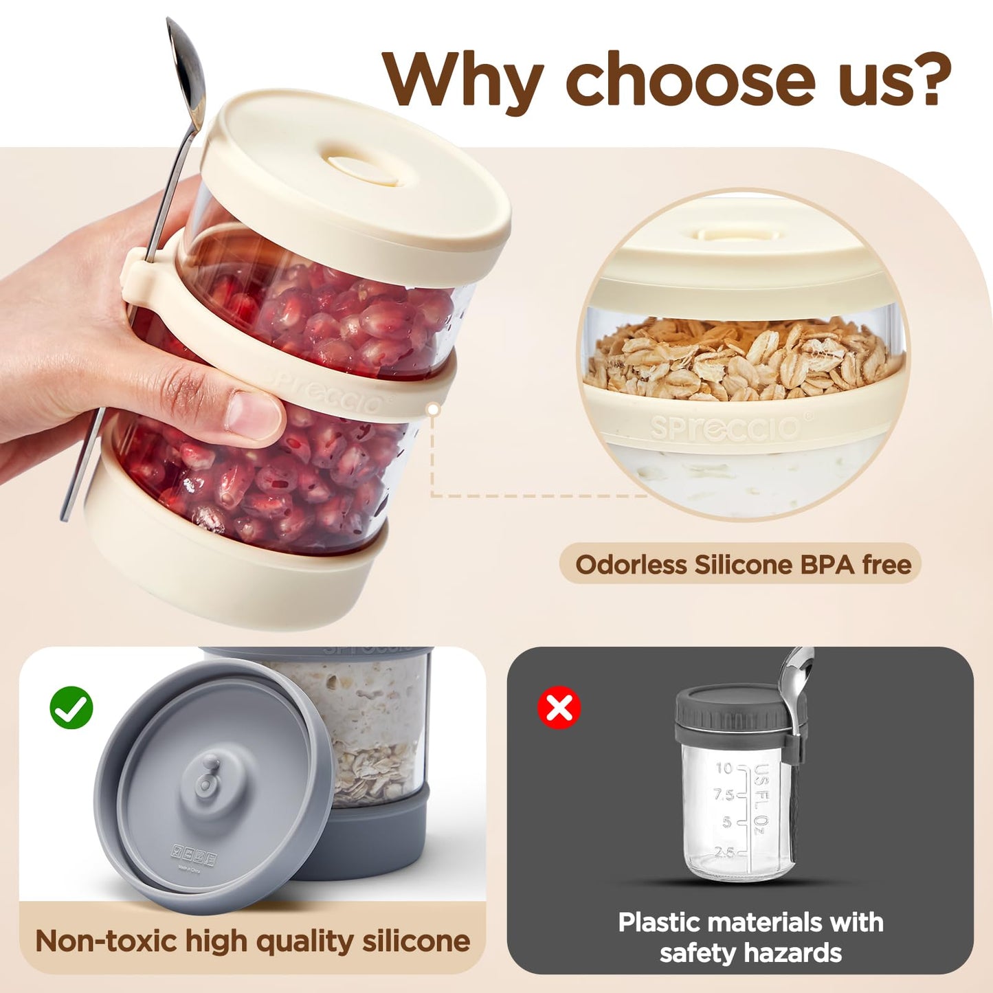 Spreccio Glass Overnight Oats Containers with Lids of Silicone and Spoon 16 oz [2 Pack], Airtight Overnight Oats Jars with Silicone Lid, For Yogurt Containers Chia Pudding Jars Snack Spice (Yellow)