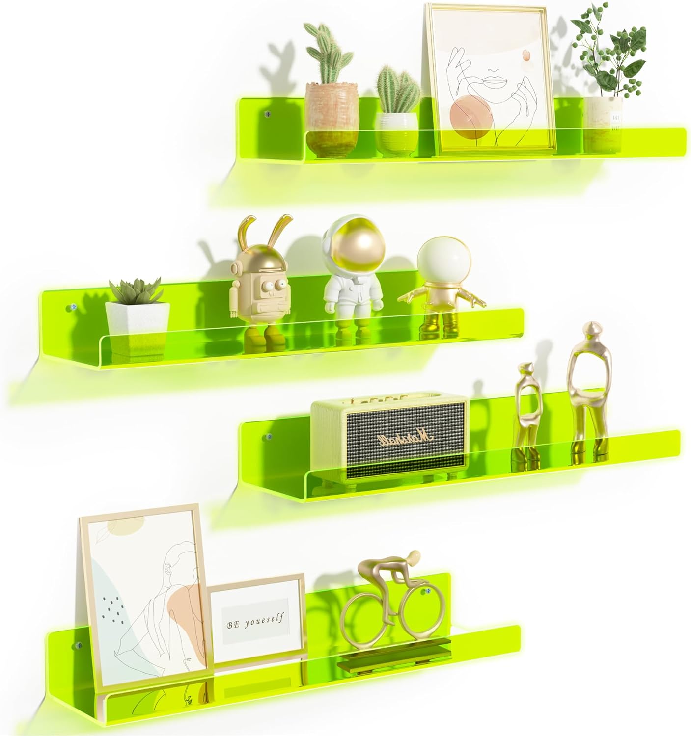 Upsimples Acrylic Wall Shelves - 15" Display Shelf for Figures & Nail Polish | Clear Fluorescent Green, 4 Pack