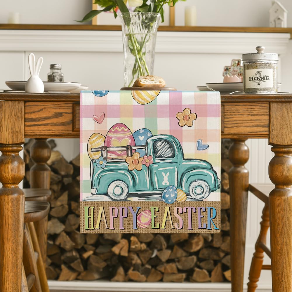 Artoid Mode Pink Yellow Buffalo Plaid Carrot Egg Truck Daisy Happy Easter Table Runner, Seasonal Kitchen Dining Table Decoration for Indoor Home Party 13x72 Inch