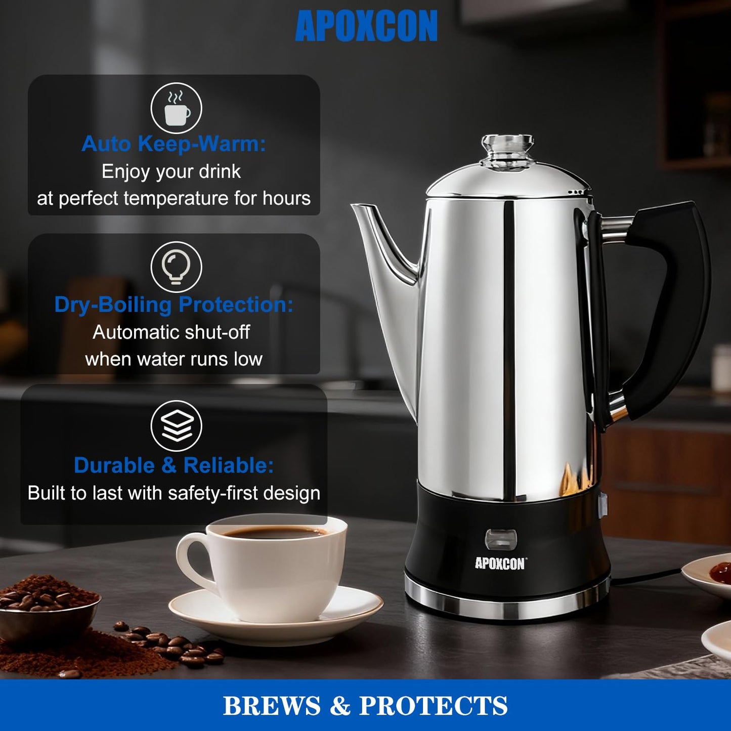 APOXCON Electric Coffee Percolator Stainless Steel Coffee Maker with Clear Brew Progress Tough Glass Knob and On/OFF Switch Classic Coffee Pot with Keep Warm & Cordless Serve No Aluminum (12 Cup)