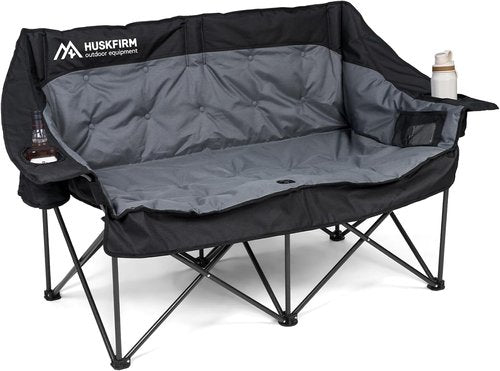 Huskfirm Oversized Double Camping Chair - Padded Folding Loveseat with Cup Holders & Side Pockets | Heavy Duty Black