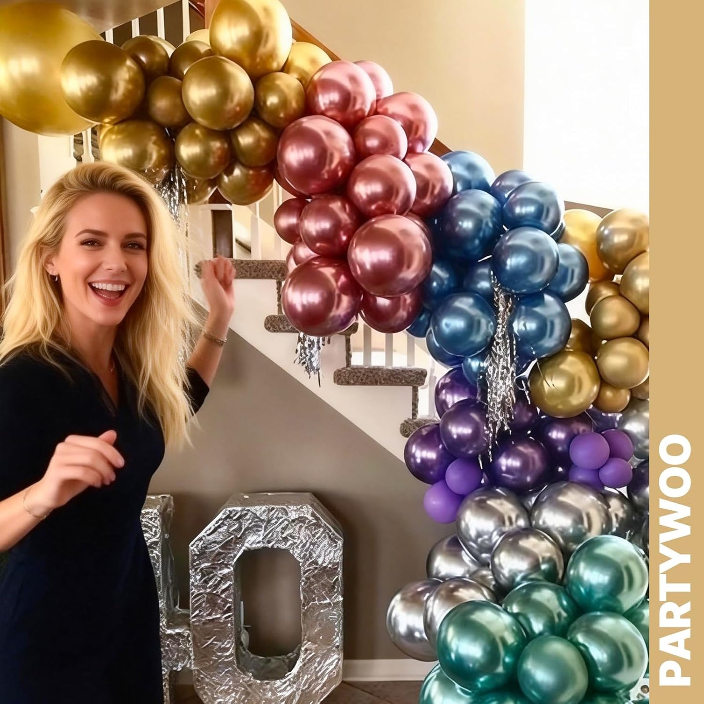PartyWoo Metallic Balloons - 65pcs 12-Inch Latex Balloons in Blue, Silver, Gold, Pink & More for Celebrations