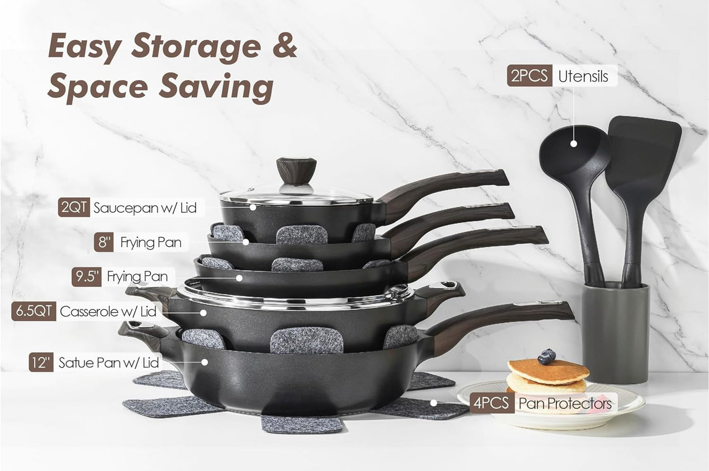 SENSARTE Non-Stick Induction Cookware Set - 14 Pcs Healthy Kitchen Pots & Pans, PFOA Free, Black