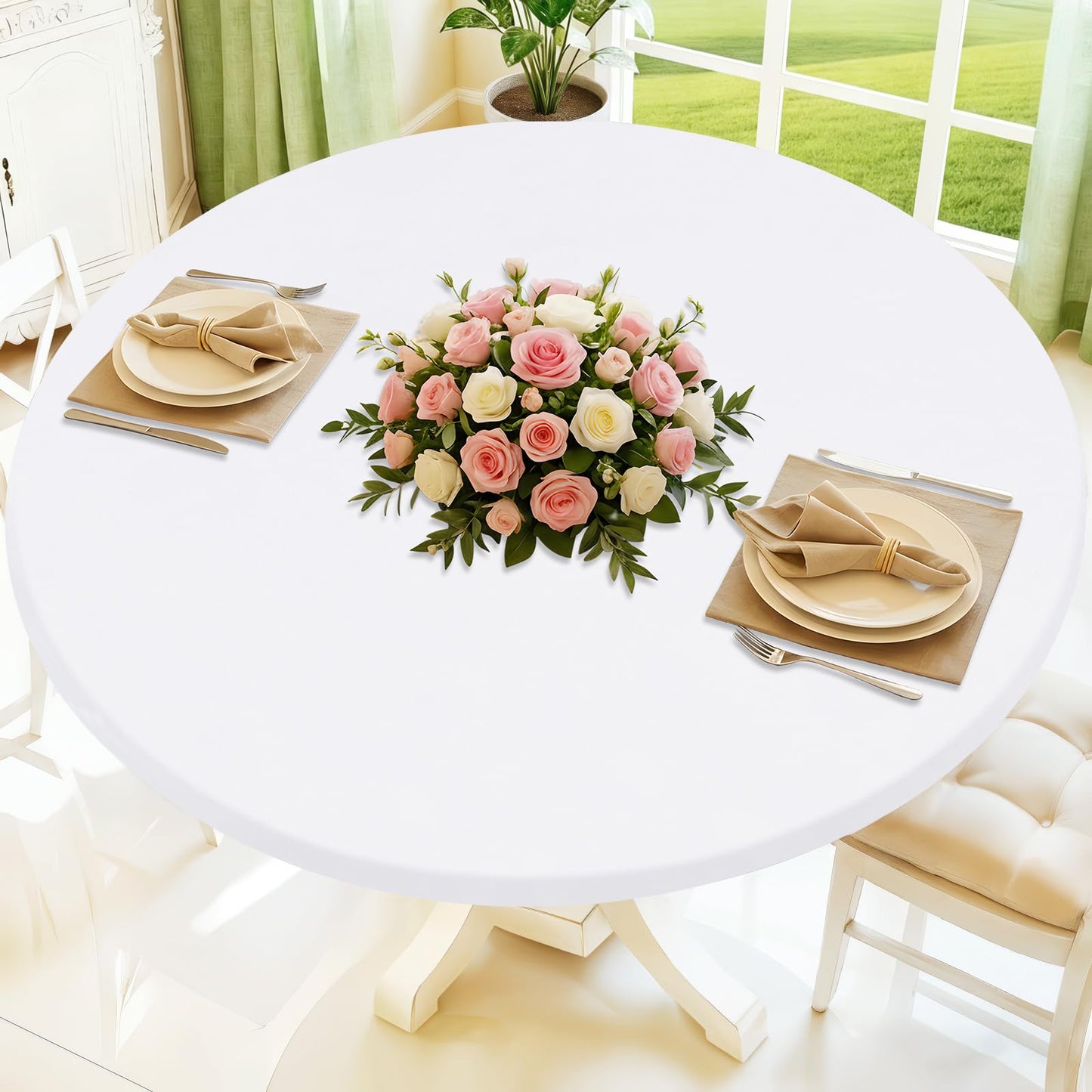 Moosfor Round Spandex Tablecloth, Elastic Fitted Waterproof Tablecloths for 51"-62" Tables, Stretch Washable Picnic Table Cover for Camping, Dining, Indoor and Outdoor, White
