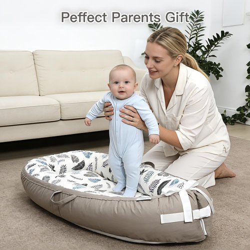 Infant Support Cushion - Reversible & Adjustable Baby Tummy Time Mat | Portable, Soft, Washable Cover | Grey Leaves
