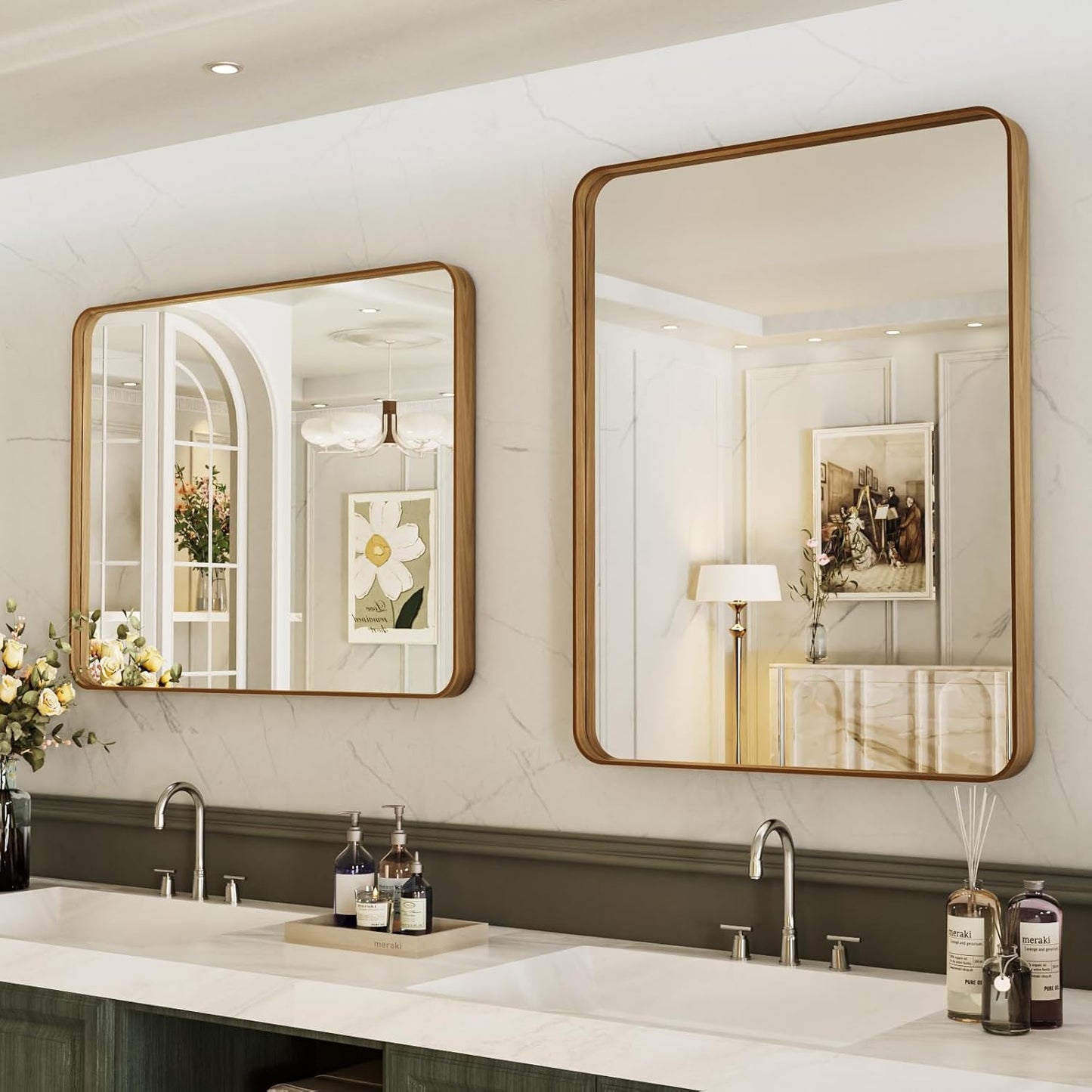 LOAAO Bathroom Mirror - 24x36 Inch Rounded Rectangle with Wood Grain Metal Frame | Anti-Rust, Versatile Hanging Options